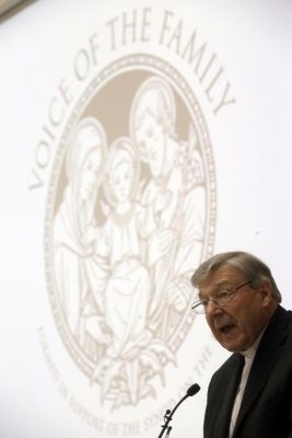 Cardinal George Pell speaks at ' The Voice of the Family ' meeting, in Rome, Saturday, May 9, 2015. (AP Photo/Gregorio Borgia) Photo Credit: AP