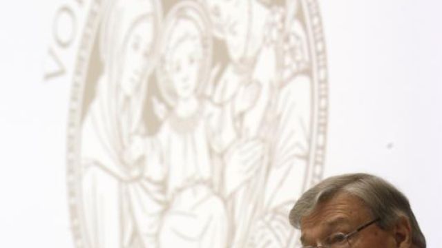 Cardinal George Pell speaks at ' The Voice of the Family ' meeting, in Rome, Saturday, May 9, 2015. (AP Photo/Gregorio Borgia) Photo Credit: AP