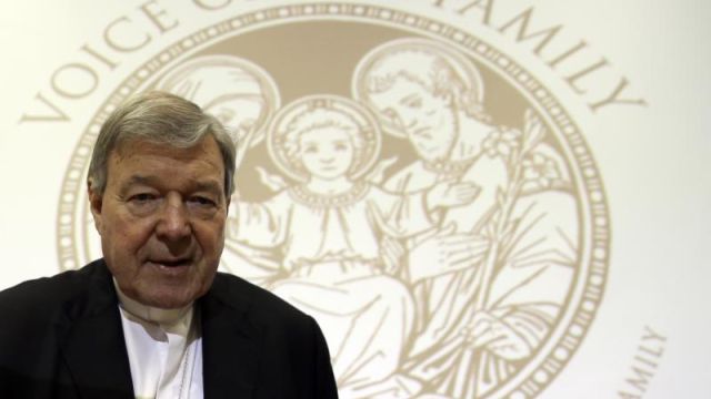 Cardinal George Pell attends ' The Voice of the Family meeting ', in Rome, Saturday, May 9, 2015. (AP Photo/Gregorio Borgia) Photo Credit: AP