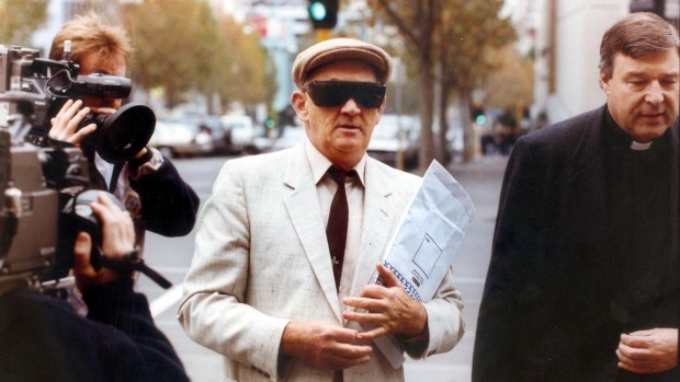 Disgraced priest Gerald Ridsdale outside court with former Archbishop of Sydney George Pell. Photo: Geoff Ampt