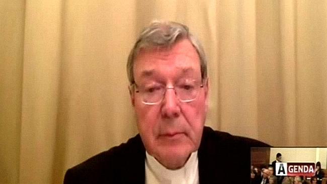 Cardinal George Pell appears via video link from the Vatican in the Commission into child abuse. Picture: Sky
