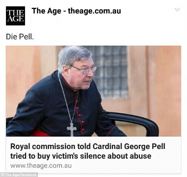 This screenshot was sent anonymously to 3AW News Talk that showed a picture of Cardinal George Pell using The Age logo with the words: 'Die Pell' on it
