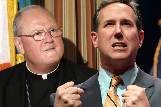 Cardinal Timothy Dolan, Rick Santorum (Credit: AP/Seth Wenig/Nati Harnik/Photo montage by Salon)