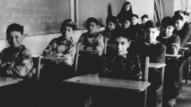 Boys in a classroom c. 1945 at St. Anne's Indian Residential School in Fort Albany, Ont. (Edmund Metatawabin collection/Algoma University)