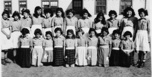 Female students at Bishop Horden Residential School in Moose Factory, Ontario. Circa 1955. (Anglican Church of Canada General Synod Archives/Algoma University Archives)