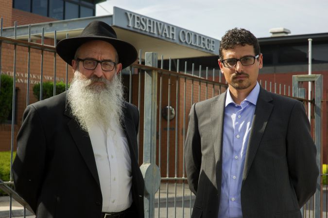 Shunned: Zephaniah (left) and Manny Waks outside the Yeshivah Centre in Melbourne. Image: Courtesy of Mint Pictures/Identity Films