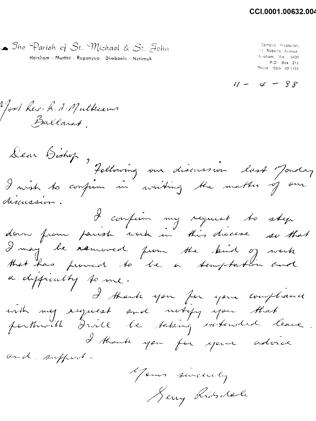 Ridsdale writes to Bishop Mulkearns