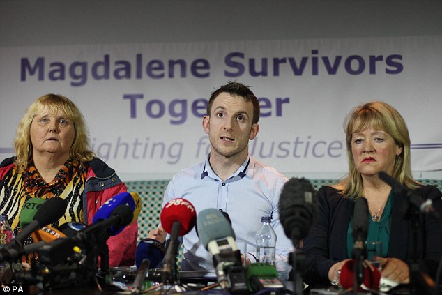 Mary Smyth, filmmaker Steven O'Riordan, and Maureen Sullivan from Magdalene Survivors Together, speaking at a press conference in Dublin on February 5, 2013, after the Irish government apologised