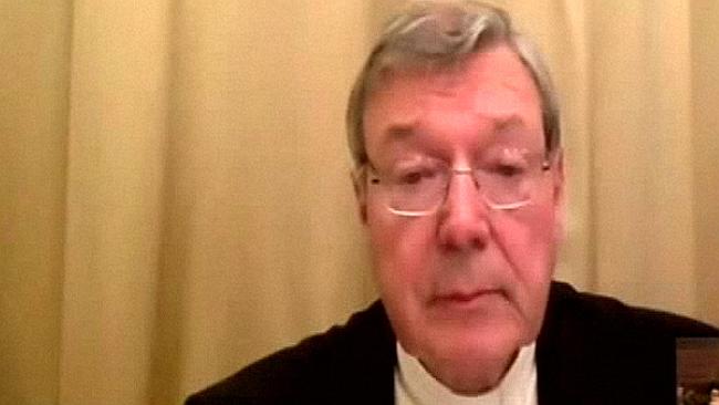 Cardinal George Pell in an early appearance via video link from the Vatican in the commission into child abuse. Source: Supplied
