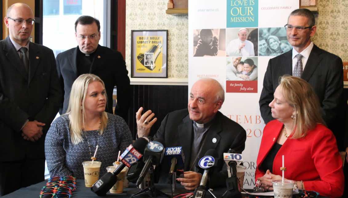 Archbishop Vincenzo Paglia (c), president of the Vatican’s Pontifical Council for the Family and the one in charge of organizing Pope Francis' visit to Philadelphia in September, helped unveil a special milkshake at the Center City location of Potbelly Sandwich Shop chain back in March. Samantha Madera/ALDIA News