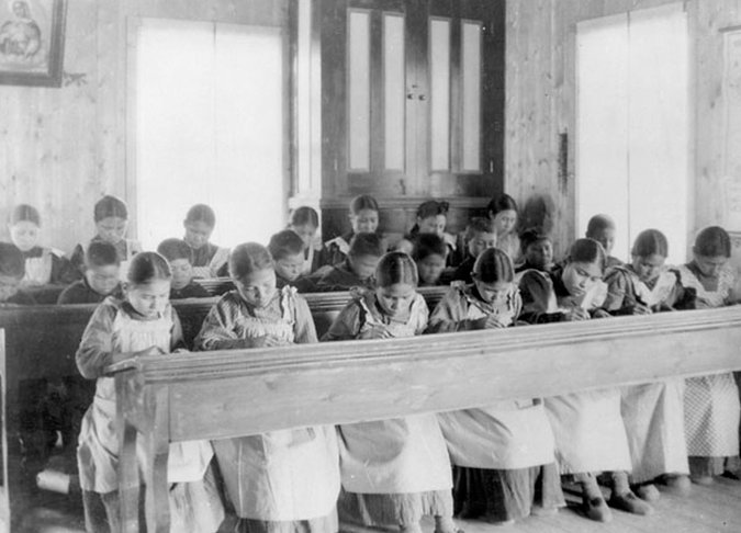 Aboriginal Canadians at a residential school in Fort Resolution, Northwest Territories, in a picture from around 1936.