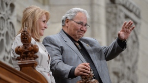 Truth and Reconciliation commissioners Justice Murray Sinclair and Marie Wilson are recognized during Tuesday's question period. (Sean Kilpatrick/Canadian Press)