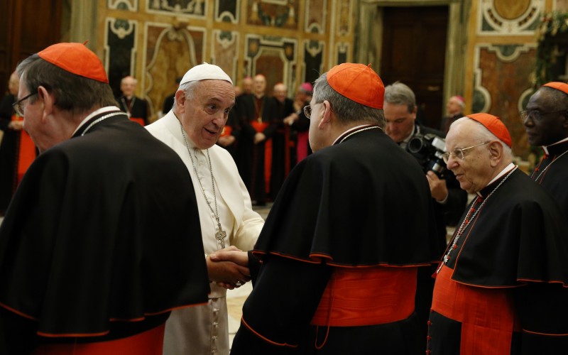 Friend or foe? Pope Francis greets Cardinal Raymond Burke in the Clementine Hall (CNS photo/Paul Haring)