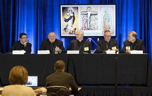 Bishop Oscar Cantu, left, of Las Cruses, Archbishop Thomas Wenski, of Miami, Archbishop Joseph Kurtz, of Louisville and president of the U.S. Conference of Catholic Bishops, Bishop Christopher Coyne, of Burlington and Archbishop John Wester, of Santa Fe, participate in a news conference during the U.S. Conference of Catholic Bishops' Spring General Assembly in St. Louis Wednesday, June 10, 2015. Roman Catholic bishops are condemning racism in the U.S. in light of national tensions over police treatment of African-Americans. (AP Photo/Sid Hastings)
