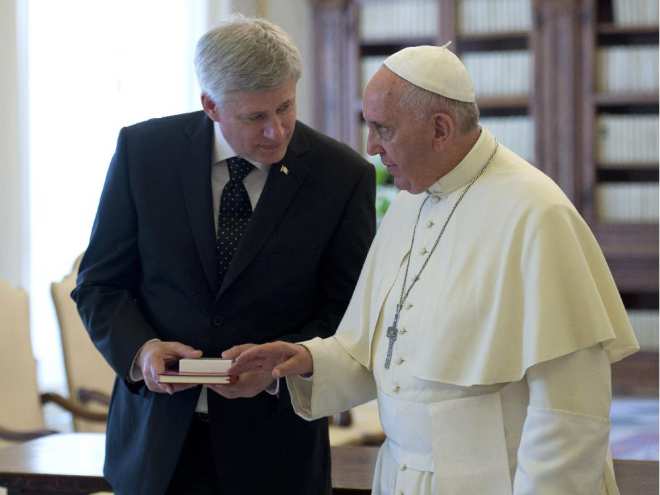 Prime Minister Stephen Harper meets with Pope Francis at the Vatican on Thursday.