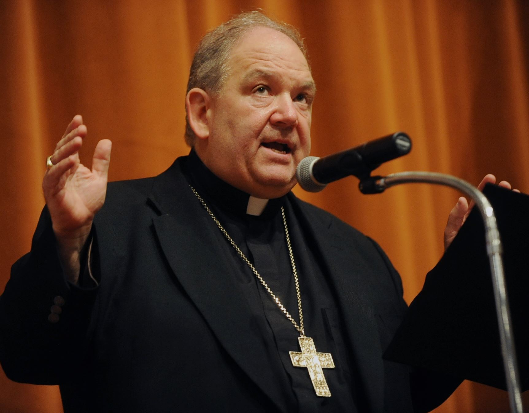 Archbishop Bernard Hebda leads a prayer during a conference on leadership at St. Paul Seminary in Crafton.