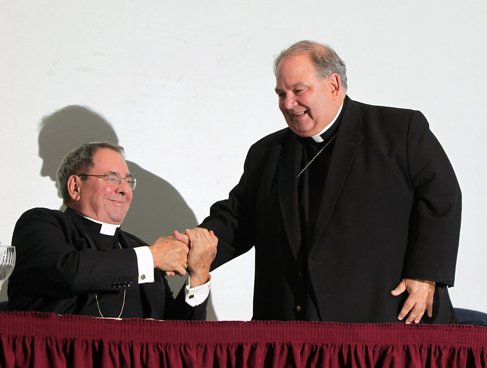 Newark Archbishop John J. Myers and co-Adjutor Bernard Hebda hold a news conference at the Archdiocese of Newark's Archdiocesan Center in Newark . 9/24/13 (John O'Boyle/The Star-Ledger)