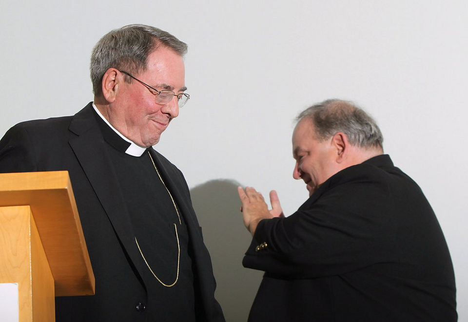 Newark Archbishop John J. Myers and co-Adjutor Bernard Hebda hold a news conference at the Archdiocese of Newark's Archdiocesan Center in Newark . 9/24/13 (John O'Boyle/The Star-Ledger)