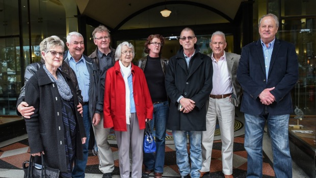 Victims of child sex abuse by Francis Cable with their family members and other supporters outside court on Thursday morning. Photo: Brendan Esposito