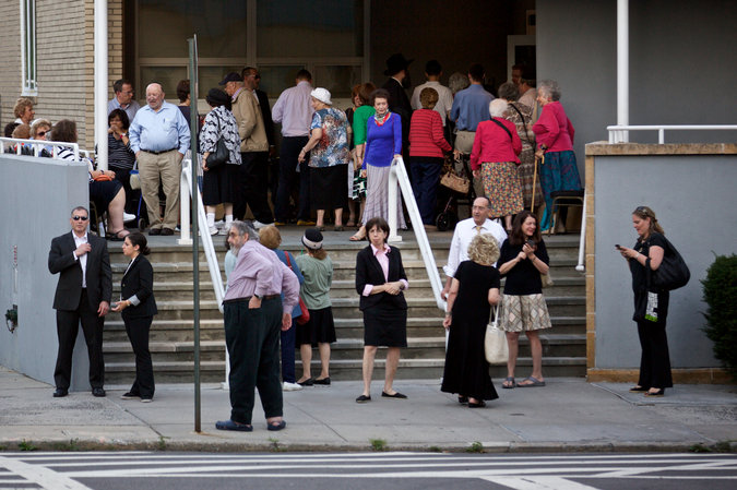 Congregants outside the Riverdale Jewish Center in the Bronx on Wednesday.