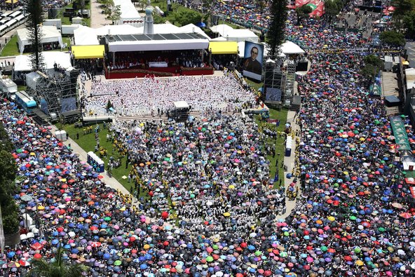 Catholics participated in a Mass honoring Archbishop Oscar Romero at the El Salvador del Mundo plaza in May.