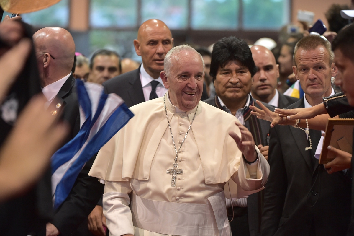 Pope Francis arrives at the Expo Feria Exhibition Centre, in Bolivia, on July 9, 2015. Photograph: Vincenzo Pinto/AFP/Getty Images