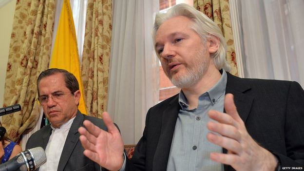 Julian Assange (right) has been sheltering in the Ecuadorian embassy in London for three years in order to avoid questioning over rape accusations in Sweden