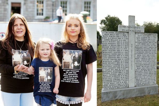 Mary Collins with daughter Laura Collins and granddaughter Angel Mary Britton at the Dail yesterday where they called for probe into mass graves including this one at St Finbarr’s Cemetery, Cork