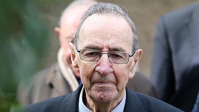 Trial of Robert Claffey at Geelong. Retired Bishop Ronald Mulkearns leaving Geelong Court. Picture: Mike Dugdale