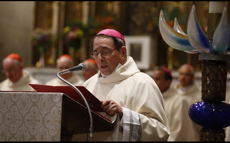 Archbishop John Myers of Newark, N.J., addresses Pope Francis at the conclusion of Mass May 2 at the Pontifical North American College in Rome. (CNS/Paul Haring)