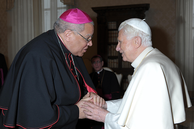 Pope Benedict XVI greets Bishop George V. Murry of Youngstown, Ohio, during a 2012 meeting with U.S. bishops on their “ad limina” visits to the Vatican. U.S. bishops from Ohio were making their “ad limina” visits to report on the status of their dioceses to the pope and Vatican officials. Photo courtesy of CNS photo/L’Osservatore Romano
