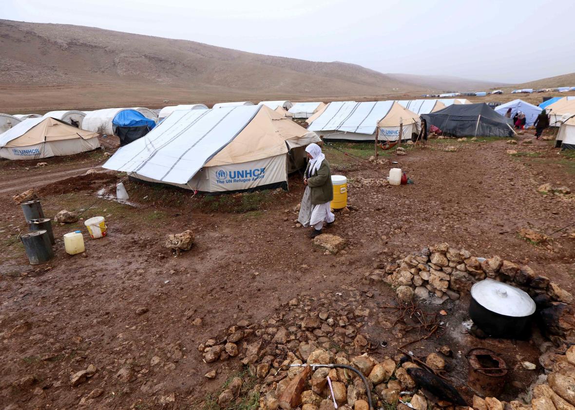 A makeshift camp for displaced Iraqi Yazidis in the northern Iraqi town of Sinjar.
