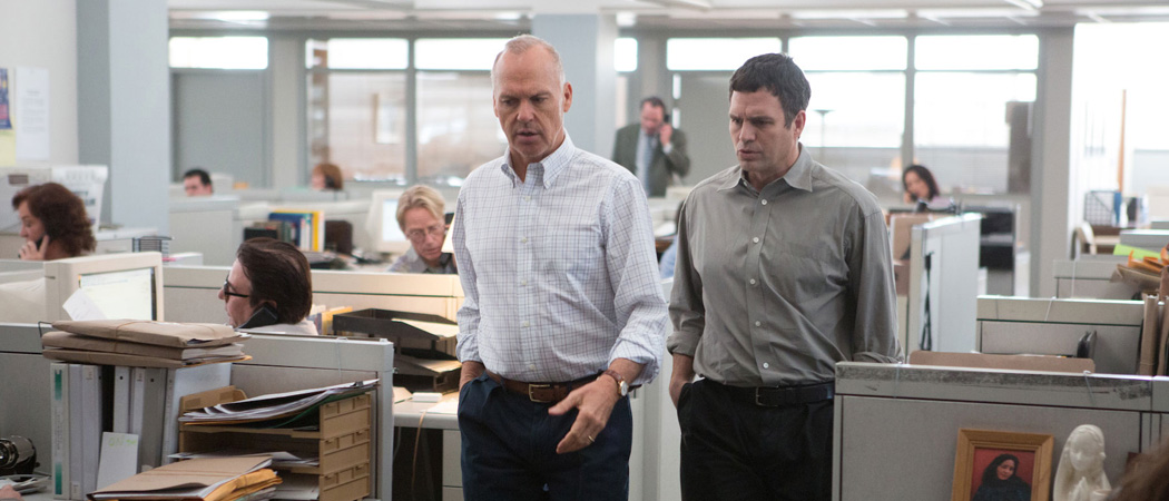 Michael Keaton as Spotlight team editor Walter Robinson, left, and Mark Ruffalo as reporter Michael Rezendes, in a still from the film "Spotlight." (Open Road Films)