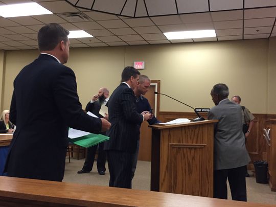Christopher Ross, far left at the podium, and his attorney Jeff Cherry to his right, in court Tuesday. Ross's trial date was set for April 26-27, though a discussions about a potential plea agreement are expected to continue. (Photo: Andy Humbles / The Tennessean)