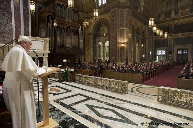 In this photo taken Wednesday, Sept. 23, 2015, Pope Francis delivers his speech to U.S. Catholic Bishops during a midday prayer service at the Cathedral of St. Matthew the Apostle in Washington. (L'Osservatore Romano/Pool Photo via AP)