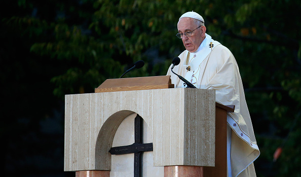WASHINGTON, DC – SEPTEMBER 23: Pope Francis speaks during2 the canonization Mass for Junipero Serra at the Basilica of the National Shrine of the Immaculate Conception on September 23, 2015 in Washington, DC. Junipero Serra was an 18th century Spanish Franciscan friar who founded a mission in Baja, California to bring Christianity to the indigenous population. This is the first-ever canonization by a Pope on U.S. soil. Pope Francis is on a multi-city tour on his first visit to the U.S. as Pope. (Photo by Rob Carr/Getty Images)