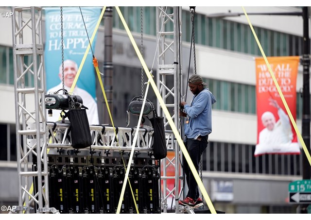 Video screens being set up in Philadelphia ahead of Pope Francis' arrival to celebrate the conclusion of the World Meeting of Families - AP