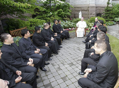 The Rev. Alex Orozco, at bottom left, was one of 16 seminarians ordained in 2012. The new priests chat with Newark Archbishop John J. Myers on the day of their ordination. Orozco is now under investigation by the Essex County Prosecutor's Office. (Star-Ledger file photo)