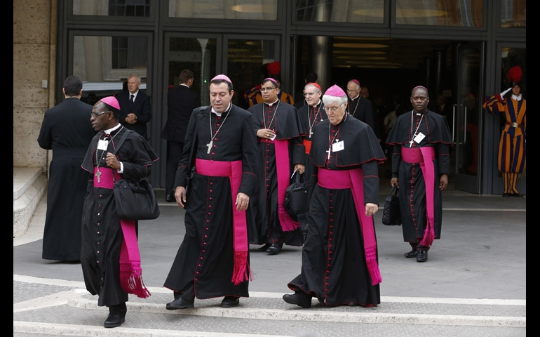 Bishops leave a session of the Synod of Bishops on the family at the Vatican Oct. 9. (CNS/Paul Haring)