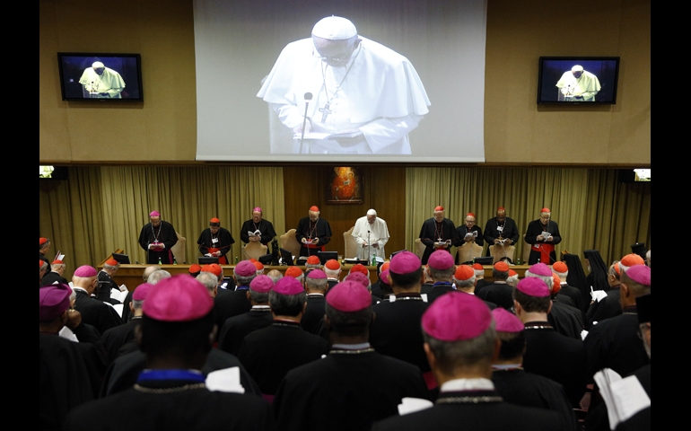 Pope Francis presides at a session of the Synod of Bishops on the family at the Vatican Oct. 15. (CNS/Paul Haring)