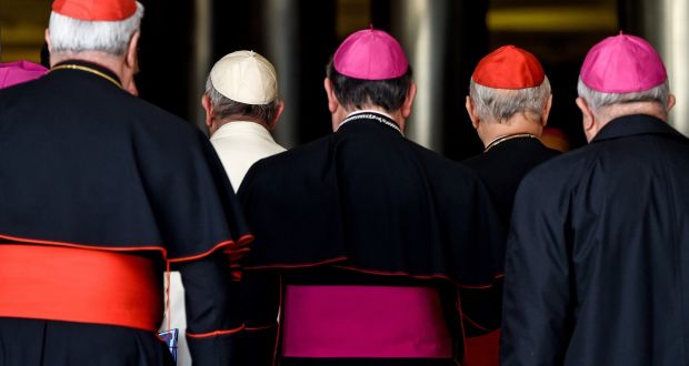 Pope Francis arrives with bishops and cardinals for the morning session of the last day of the Synod on the Family at the Vatican on Saturday. Photograph: Andreas Solaro/AFP/Getty Images