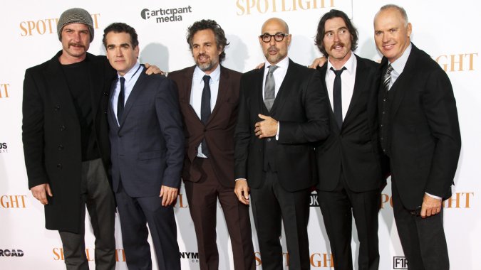 Liev Schreiber, Brian d'Arcy James, Mark Ruffalo, Stanley Tucci, Billy Crudup and Michael Keaton at Tuesday night's 'Spotlight' premiere.