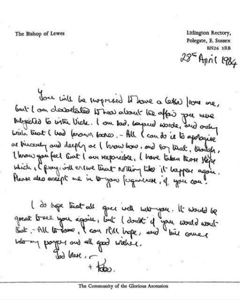 A letter written by former Bishop of Lewes Peter Ball, released by Sussex Police