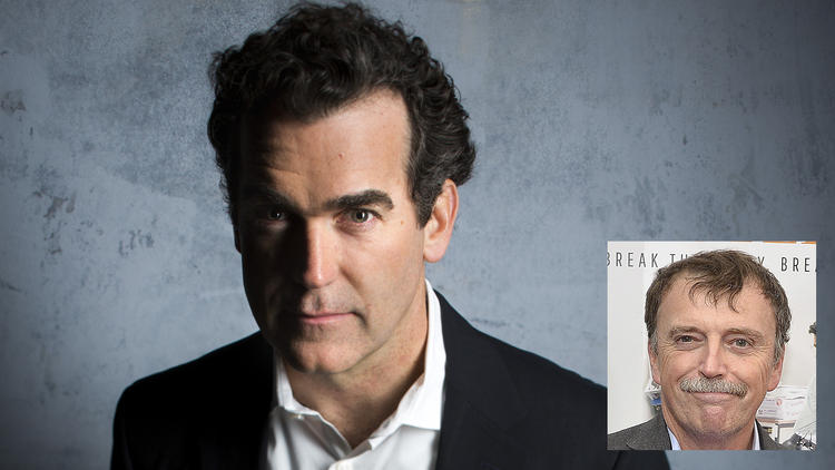 Brian d'Arcy James, with an inset photo of Matt Carroll. (Jay L. Clendenin/Los Angeles Times / inset - Paul Marotta/Getty Images)