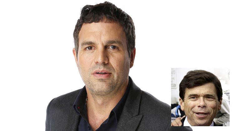 Mark Ruffalo, with an inset photo of Michael Rezendes. (Kirk McKoy/Los Angeles Times / inset - Steven Senne/Associated Press)