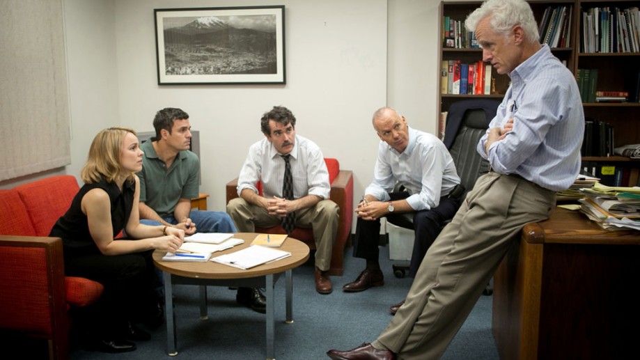 This photo provided by courtesy of Open Road Films shows, Rachel McAdams, from left, as Sacha Pfeiffer, Mark Ruffalo as Michael Rezendes, Brian d’Arcy James as Matt Carroll, Michael Keaton as Walter "Robby" Robinson and John Slattery as Ben Bradlee Jr., in a scene from the film, "Spotlight." (Kerry Hayes/Open Road Films via AP) This photo provided by courtesy of Open Road Films shows, Rachel McAdams, from left, as Sacha Pfeiffer, Mark Ruffalo as Michael Rezendes, Brian d’Arcy James as Matt Carroll, Michael Keaton as Walter "Robby" Robinson and John Slattery as Ben Bradlee Jr., in a scene from the film, "Spotlight." (Kerry Hayes/Open Road Films via AP)