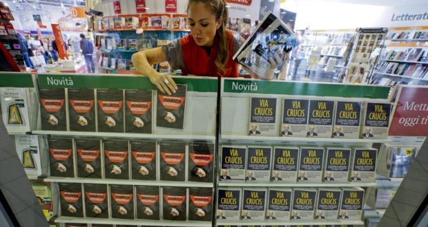 Avarizia and Via Crucis, new books on the Vatican by Emiliano Fittipaldi and Gianluigi Nuzzi, on display in a bookshop in Naples. Photograph: Ciro Fusco/EPA