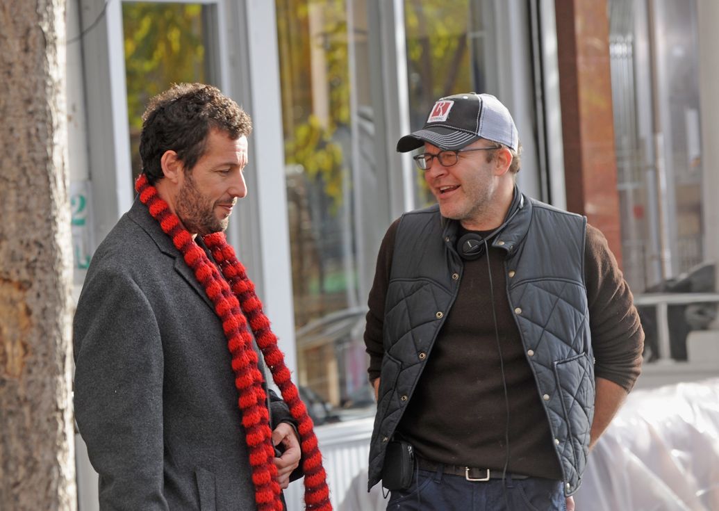 Thomas McCarthy and Adam Sandler on the set of 'The Cobbler' in New York, NY on November 21st, 2013 Bobby Bank/WireImage/Getty