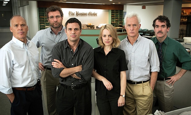 Michael Keaton, Liev Schreiber, Mark Ruffalo, Rachel McAdams, John Slattery and Brian D’Arcy in the film Spotlight, which deals with the Catholic church child abuse scandal in Boston that cost Bernard Law his job as archbishop. Photograph: Allstar/Open Road Films
