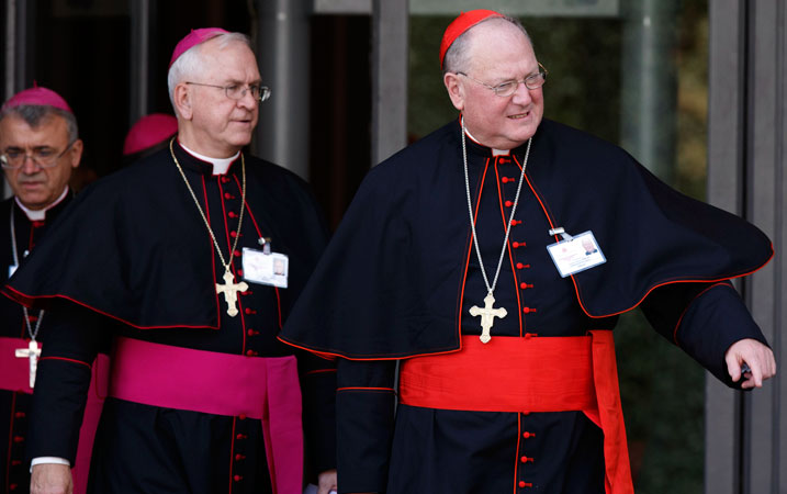 Archbishop Joseph E. Kurtz of Louisville, president of the US Conference of Catholic Bishops, left, with New York Cardinal Timothy Dolan in Rome in 2012. The US bishops have issued guidelines to help dioceses respond to questions about the "Spotlight" movie on clergy sexual abuse. (CNS photo)